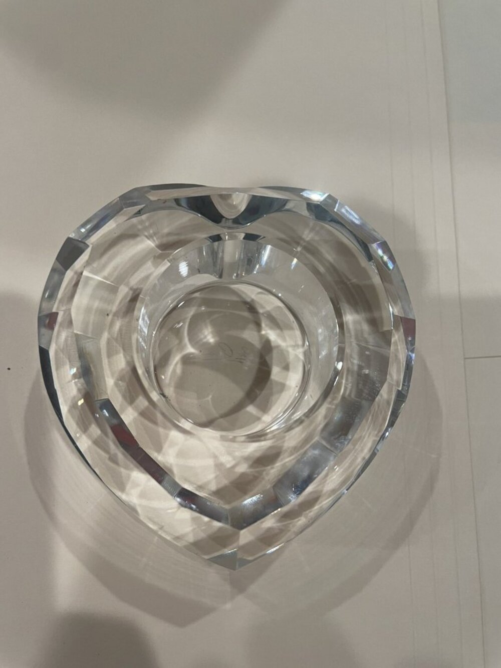 Oleg Cassini: Crystal Heart Shaped Glass Votive Candle Holder Clear Signed